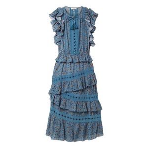 SEA New York Rosalie Ruffle Voile Blue Floral Midi Dress Size 4